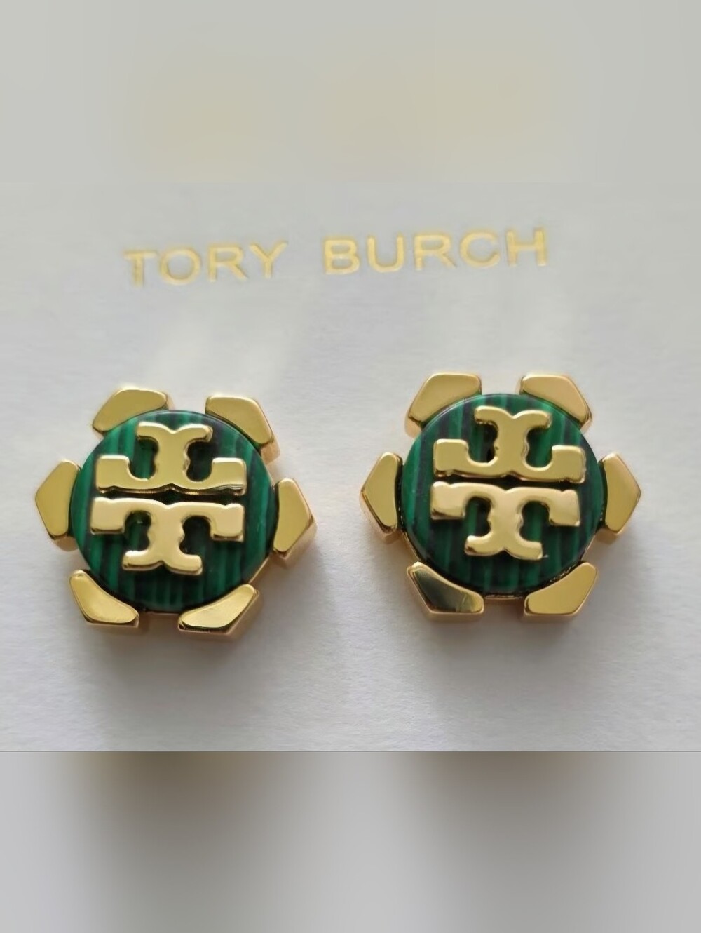 Tory Burch Green Enamel Logo Clip-On Earrings with Gold Trim